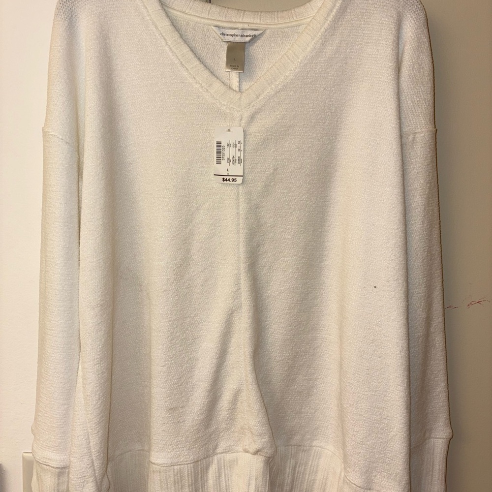 CJ Banks V Neck Plus Size White Top Sweatshirt Size Large NWT